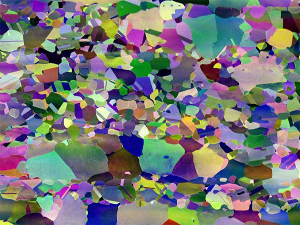 Colour FSD image of a duplex steel. Field of view is 150 μm across.