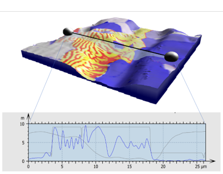Relate visualisation of AFM Surface topography coloured with EBSD phase map, EBSD orientation contrast and Magnetic Force Microscopy data.   A profile is extracted showing the real data in each map layer.