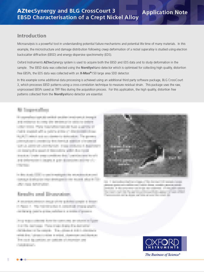 AZtecSynergy and BLG CrossCourt 3 EBSD Characterisation of a Crept Nickel Alloy