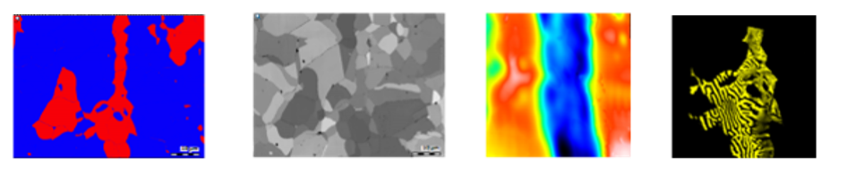 EBSD Phase Map showing ferrite (red) and austenite (blue) phases EBSD FSD Orientation Map providing contrast between different grain orientations AFM Topography Map indicating the physical z-height of the sample at each pixel AFM Magnetic Force Microscopy Map showing the AFM tip response to magnetic domains